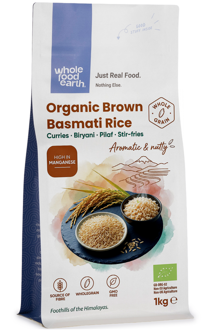 Organic brown Basmati rice from Whole Food Earth, showcasing long grains in a natural, unprocessed state.