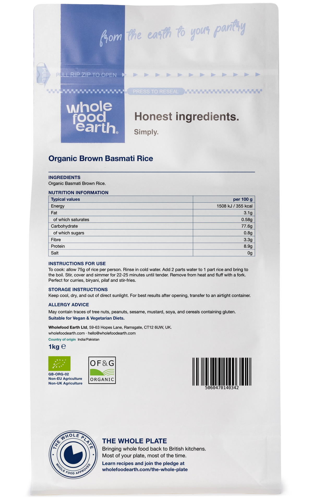 Back view of Whole Food Earth Organic Brown Basmati Rice package, showcasing the rice grains and branding on the label.