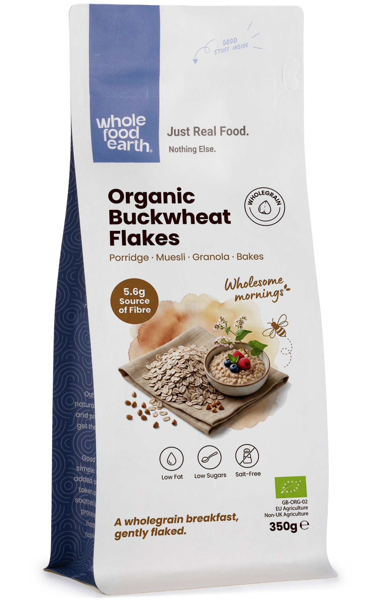 Organic buckwheat flakes cereal from Whole Food Earth, showing a bowl of toasted buckwheat flakes on a wooden table.