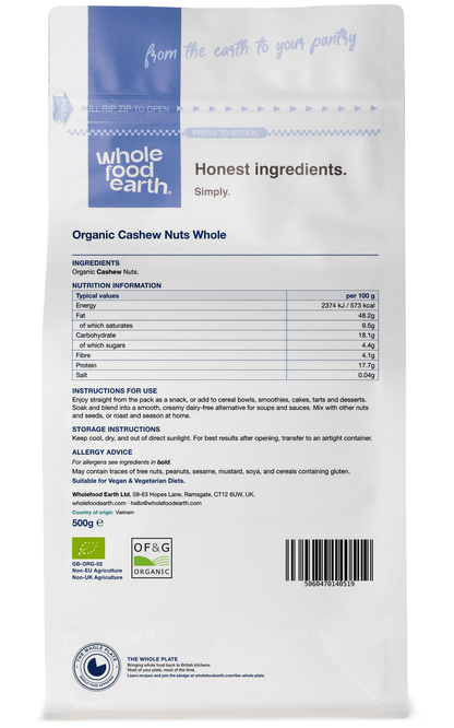Whole Food Earth organic whole cashew nuts, raw and creamy, shown in a natural back view, ideal for snacking and cooking.
