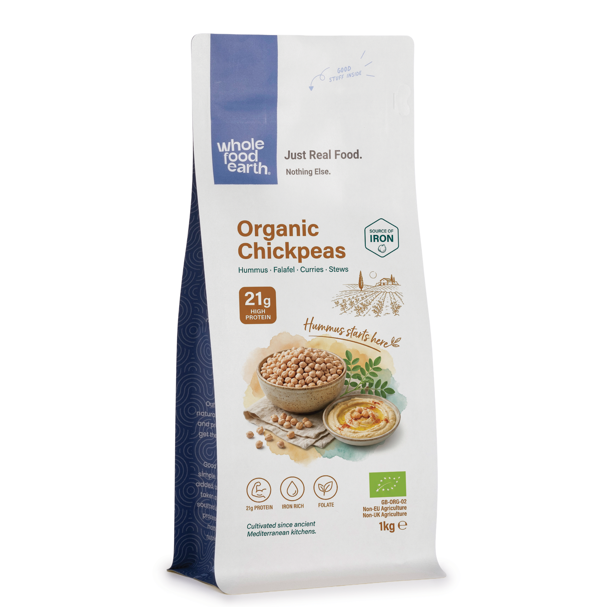 Organic chickpeas from Whole Food Earth, displayed in a bowl, showcasing their round, beige appearance as a healthy nuts and seeds snack.