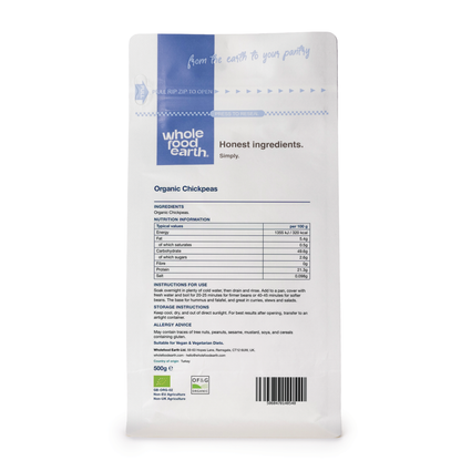 Back view of Whole Food Earth organic chickpeas in a clear container, highlighting the round beige legumes.
