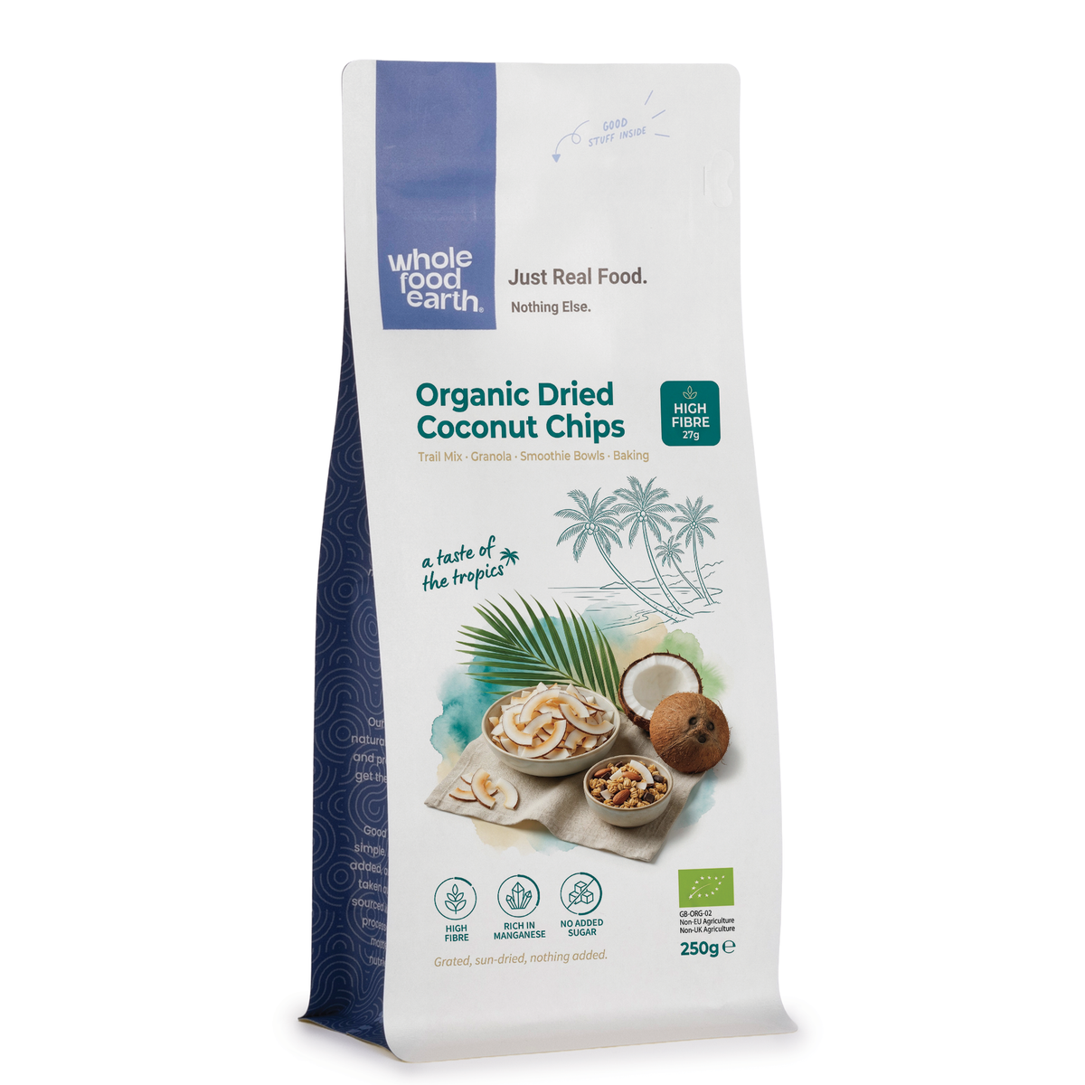 Organic dried coconut chips from Whole Food Earth, crispy and golden, showcasing a close-up of textured dried fruit slices.