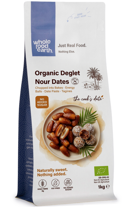 Organic Deglet Nour dates from Whole Food Earth, pitted dried fruit, with glossy brown skin and chewy texture.