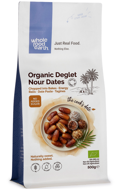 Organic Deglet Nour Dates pitted dried fruits from Whole Food Earth, showing glossy, plump dates with smooth, pit-free surface.