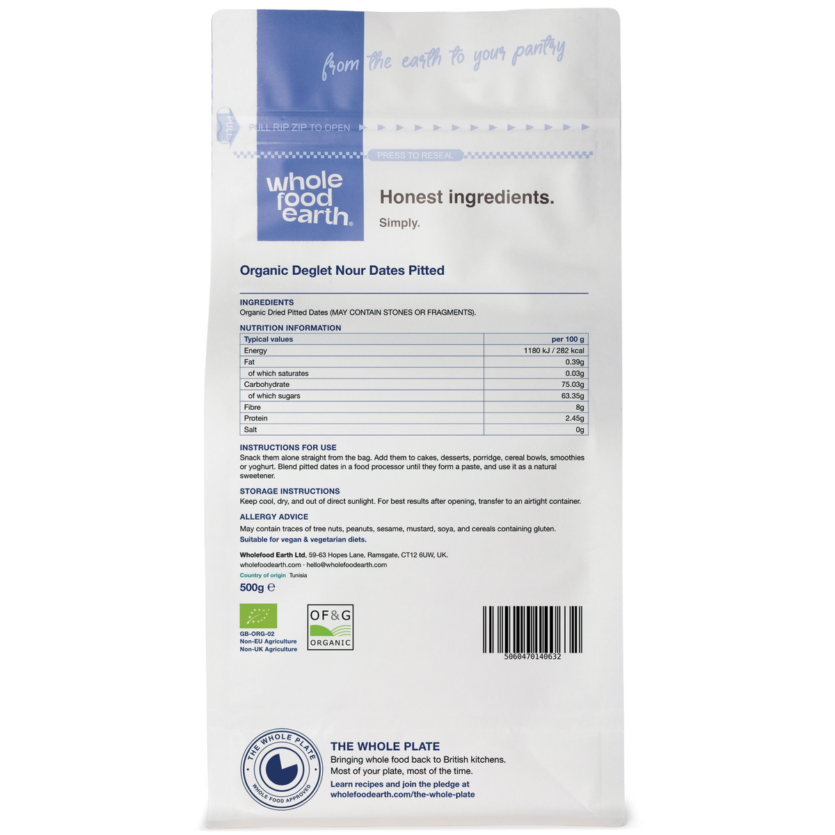 Pitted Organic Deglet Nour Dates from Whole Food Earth, dried fruit with smooth, dark brown skin and chewy interior.