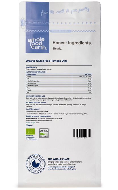 Organic gluten-free porridge oats cereal from Whole Food Earth, with a 3D back view of the product packaging.