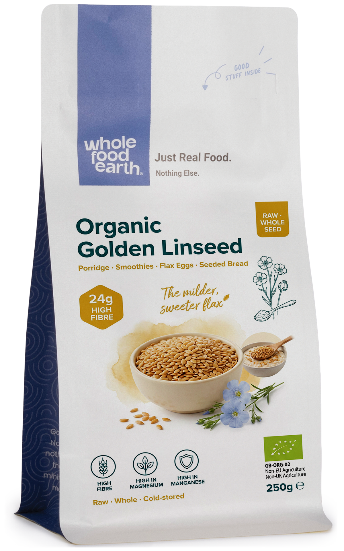 Organic golden flaxseed beans from Whole Food Earth, close-up of shiny, golden seeds in a transparent container.