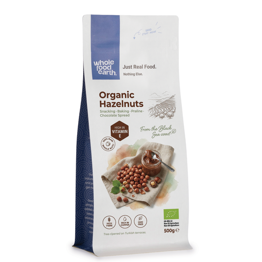 Organic hazelnuts from Whole Food Earth, whole and natural nuts and seeds in a close-up shot.