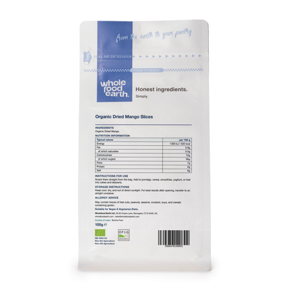 Organic dried mango slices from Whole Food Earth, showing vibrant orange dried fruit pieces on a white background.