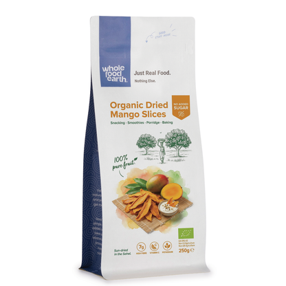 Organic dried mango slices from Whole Food Earth, showing vibrant orange dried fruit pieces on a white background.