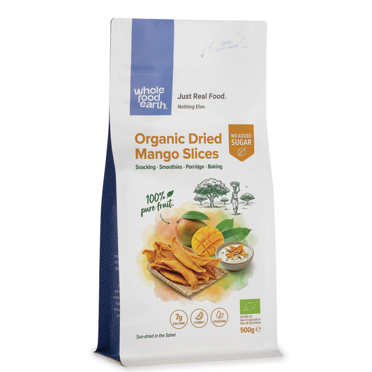 Organic dried mango slices from Whole Food Earth, showing vibrant orange dried fruit pieces on a white background.