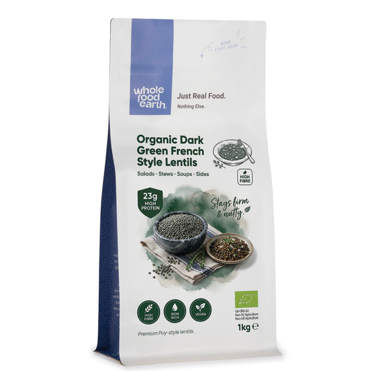 Organic dark green French lentils from Whole Food Earth, showing a close-up of fresh, dried beans in a natural setting.