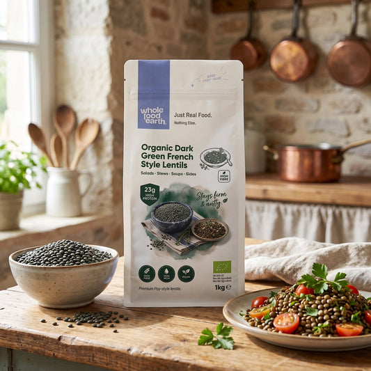 Organic dark green French-style lentils from Whole Food Earth, shown in a close-up of dried beans and pulses.