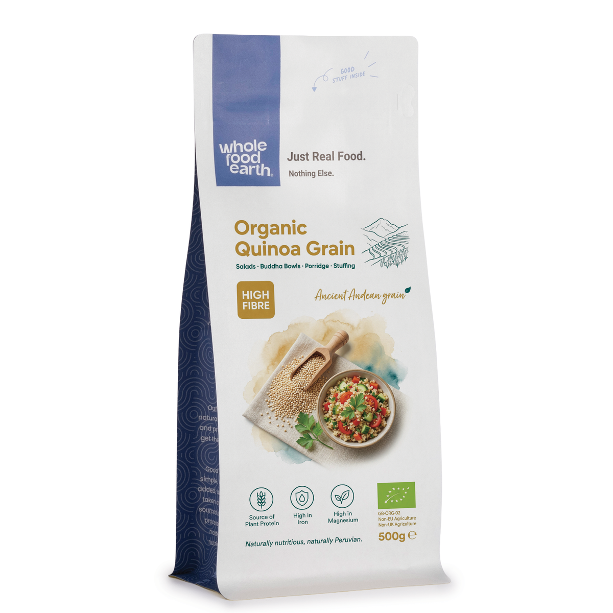 Organic quinoa grain from Whole Food Earth, showing light-colored, uncooked quinoa seeds in a clear container.