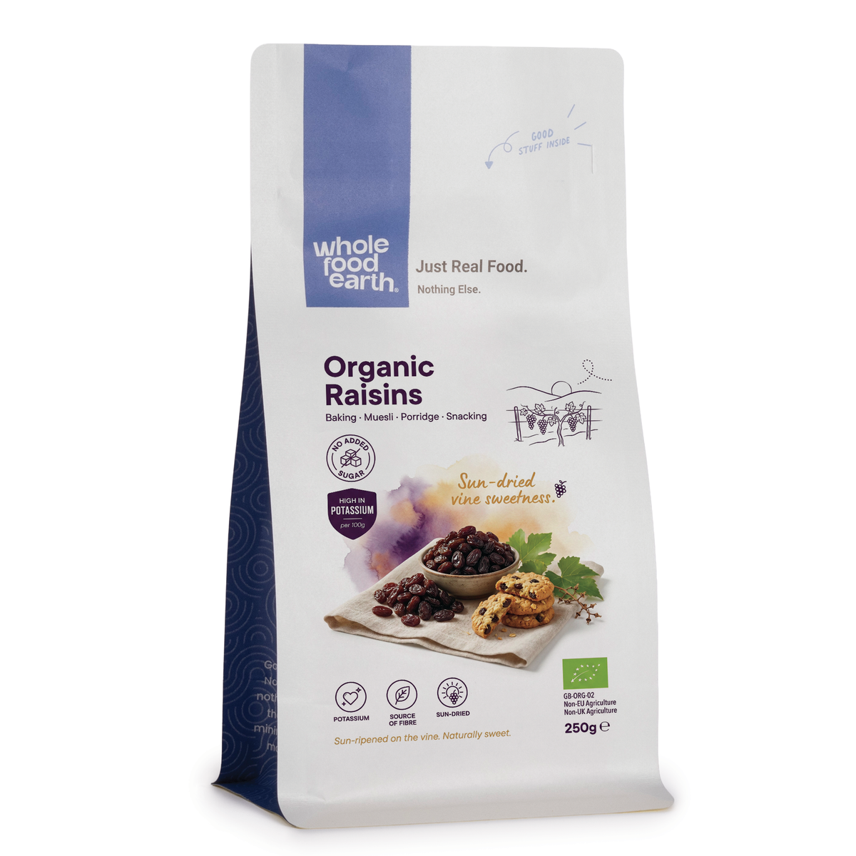 Organic raisins from Whole Food Earth, dried fruit with plump, glossy, dark brown grapes in a close-up image.