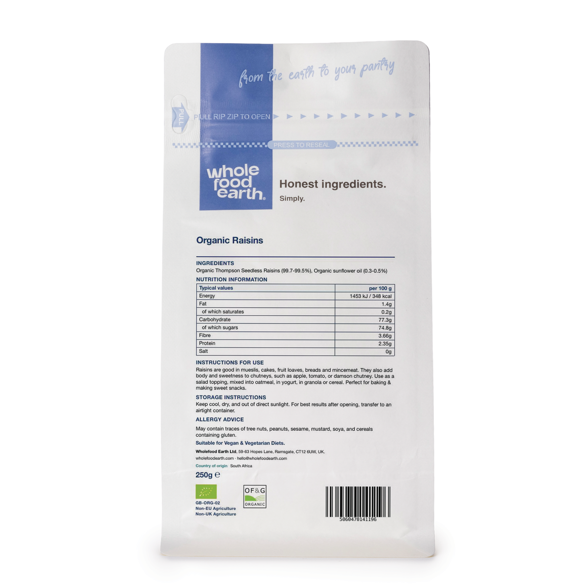 Organic raisins from Whole Food Earth, dried fruit with plump, glossy appearance, shown from the back in the product image.