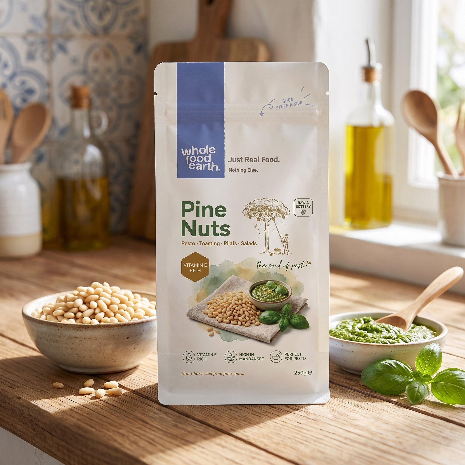Whole Food Earth pine nuts, small creamy seeds from pine cones, ideal for cooking and snacking, displayed in a natural setting.
