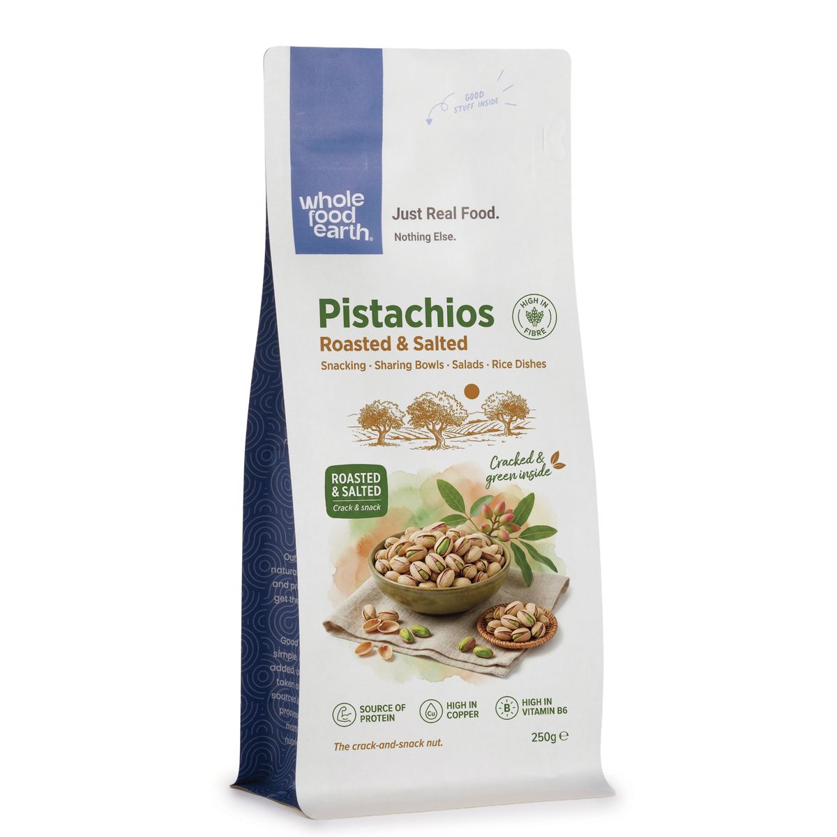 Roasted and salted pistachios from Whole Food Earth in a bowl, showcasing their green nuts with salt coating.