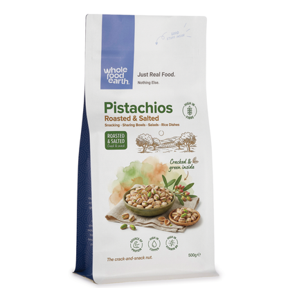 Roasted and salted pistachios from Whole Food Earth, a popular nuts and seeds snack in a bowl.