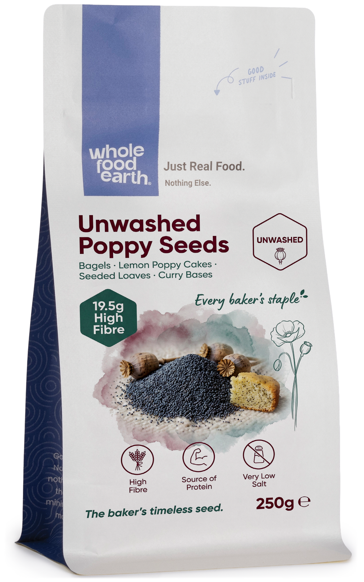 Unwashed poppy seeds from Whole Food Earth, showing small dark seeds in a natural, unprocessed state.