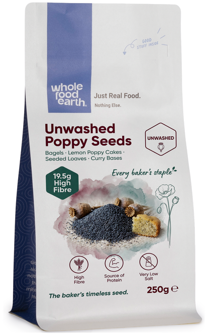 Unwashed poppy seeds from Whole Food Earth, showing small dark seeds in a natural, unprocessed state.