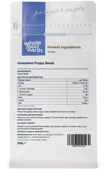 Whole Food Earth unwashed poppy seeds shown in a clear container, highlighting their small, dark, and textured appearance.