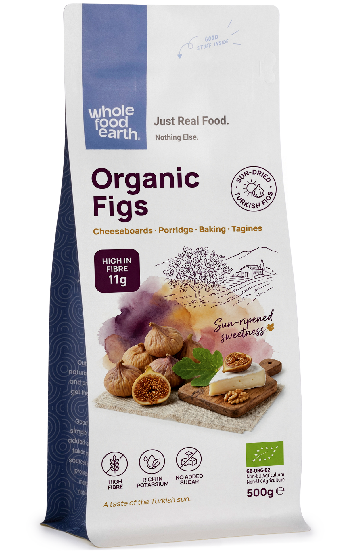 Dried organic figs from Whole Food Earth, showcasing plump, chewy figs with natural brown skin and textured surface.