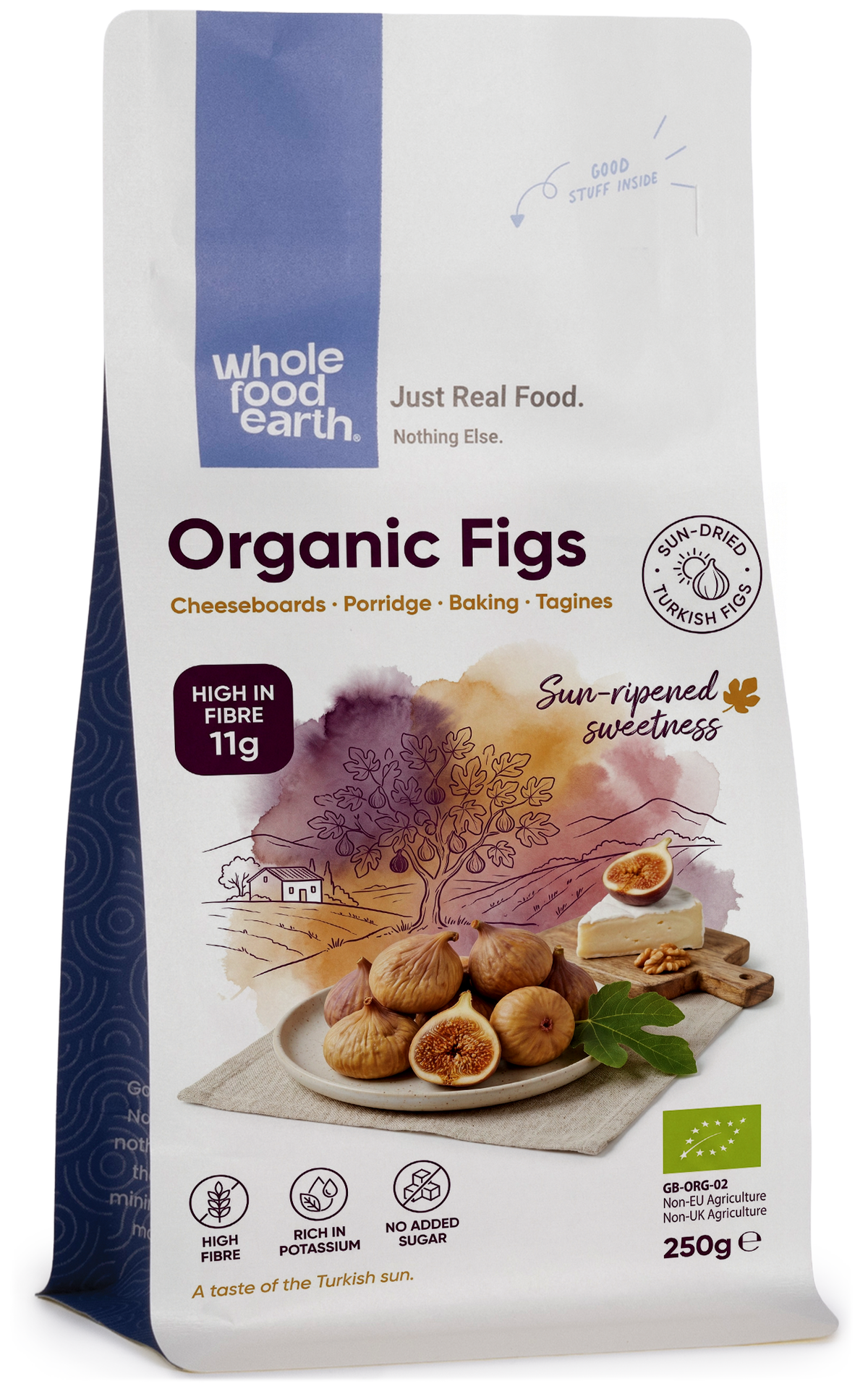 Dried organic figs from Whole Food Earth, showing plump, wrinkled figs with natural brown skin, ready for snacking or baking.