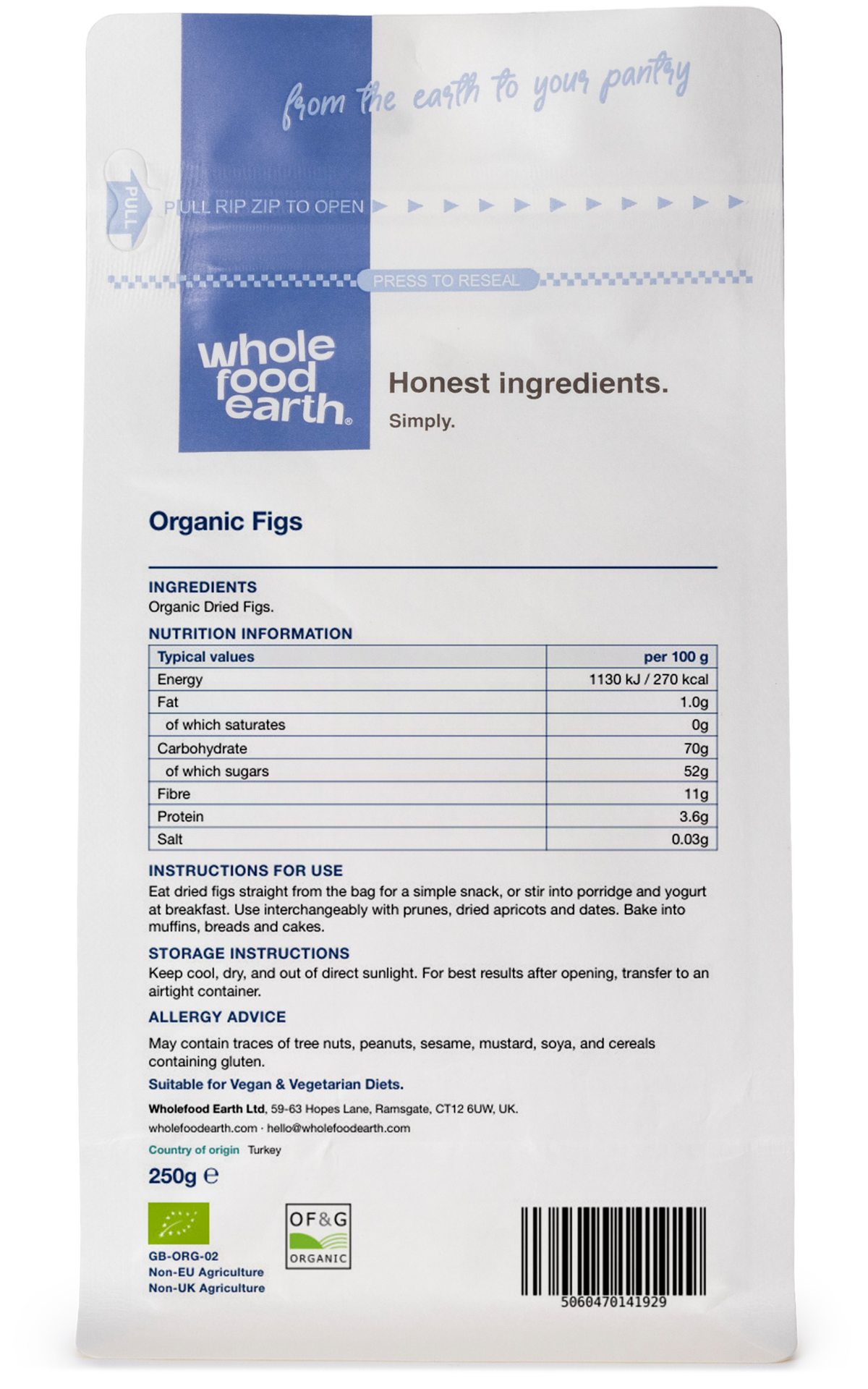 Dried organic figs from Whole Food Earth shown from the back, highlighting their textured, natural surface and rich color.