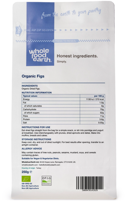 Dried organic figs from Whole Food Earth shown from the back, highlighting their textured, natural surface and rich color.