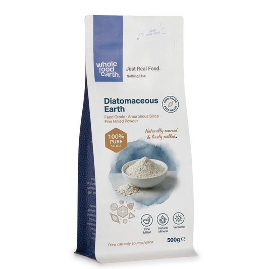 Feed grade diatomaceous earth mineral powder from Whole Food Earth, fine white natural powder for animal feed and health.