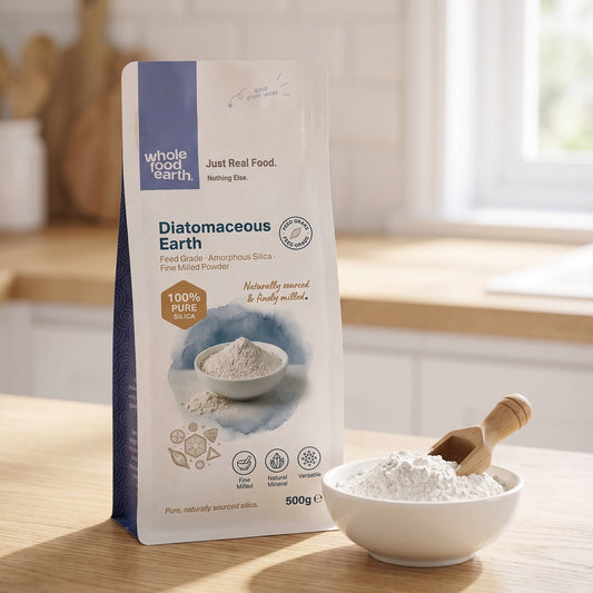 Diatomaceous Earth feed grade mineral powder in a natural mineral package, by Whole Food Earth.