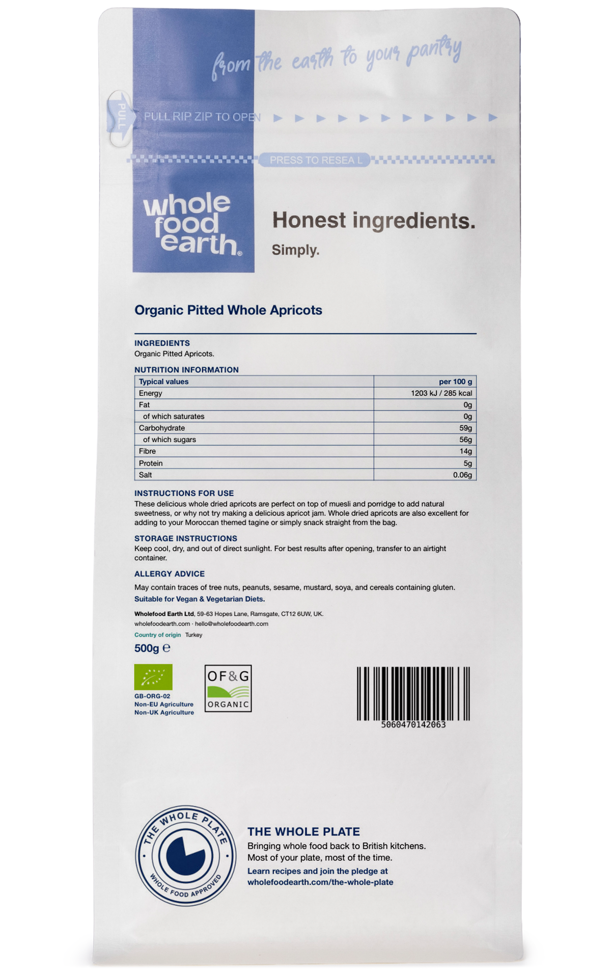 Organic pitted whole apricots dried fruit from Whole Food Earth, showing golden, wrinkled apricots with pits in a natural state.
