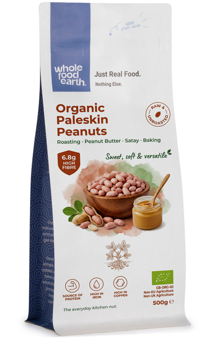 Organic Paleskin Peanuts from Whole Food Earth, whole nuts in shells, showing their natural tan color and textured surface.
