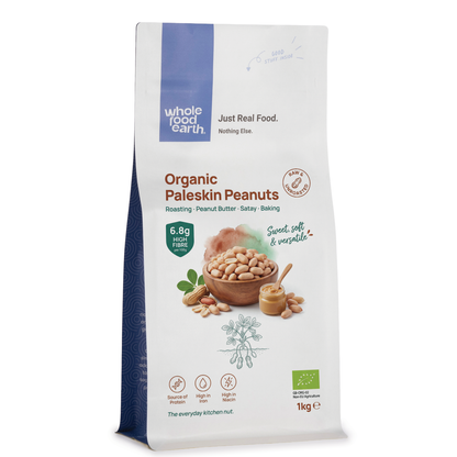 Organic Paleskin Peanuts from Whole Food Earth, display of fresh, roasted peanuts in a bowl, highlighting their natural, pale skin.