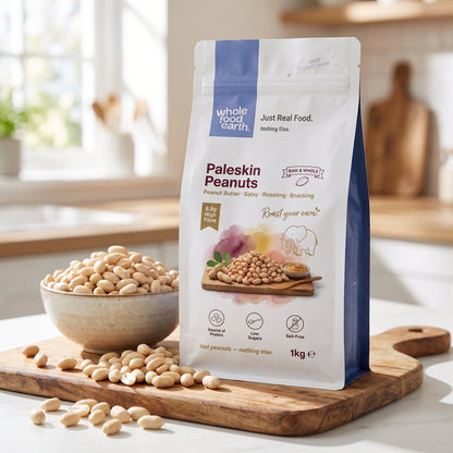Organic Paleskin Peanuts from Whole Food Earth, whole nuts with light brown skins, ideal for snacking or cooking.