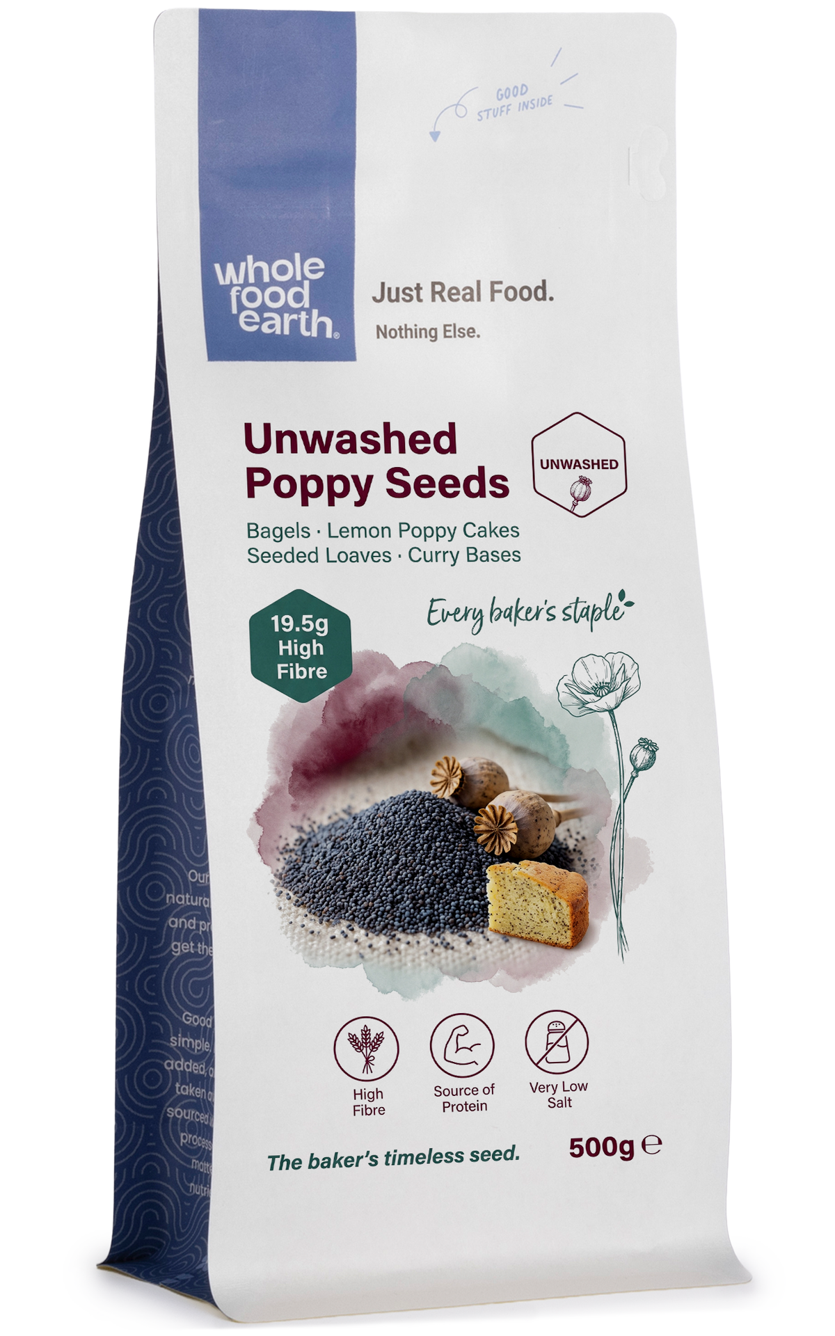 Unwashed poppy seeds from Whole Food Earth, displaying small, blue-gray seeds in a natural, unprocessed form.