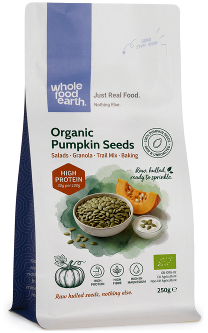 Organic pumpkin seeds from Whole Food Earth, GWS AA Austria, displayed in a natural, close-up view of the nut and seed package.
