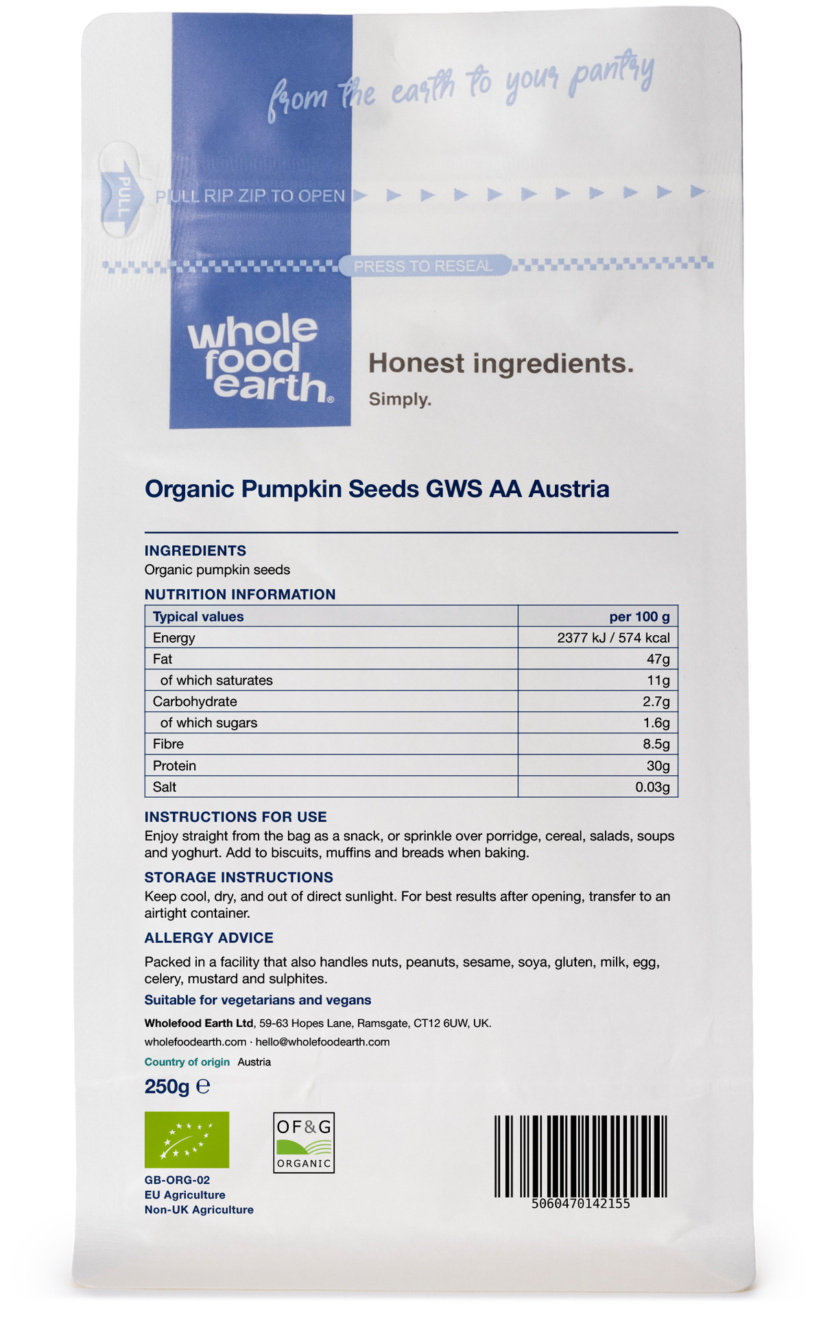 Organic pumpkin seeds from Whole Food Earth, shown in a 3D back view, highlighting their natural, greenish-olive color.