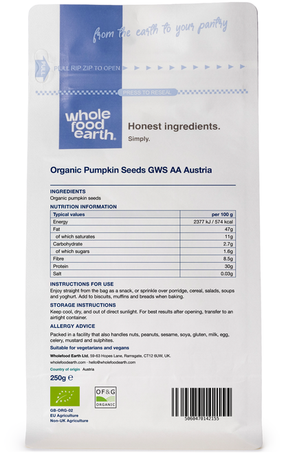 Organic pumpkin seeds from Whole Food Earth, shown in a 3D back view, highlighting their natural, greenish-olive color.