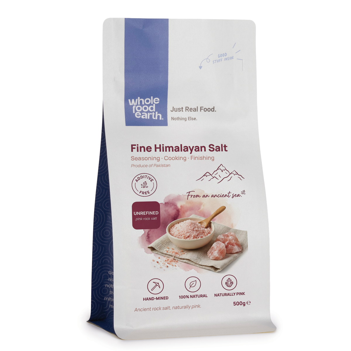 Whole Food Earth Fine Himalayan Salt mineral crystals, natural pink salt for culinary and health uses.