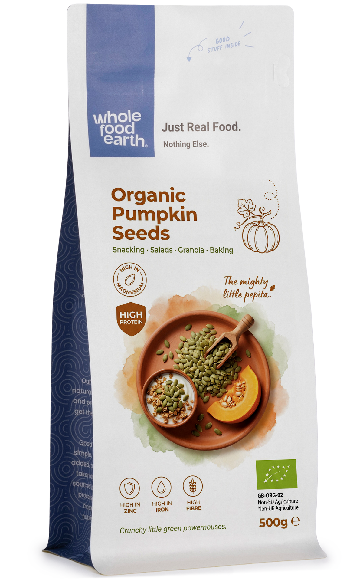 Organic pumpkin seeds from Whole Food Earth, GWS AA Austria, showing fresh, green seed shells in a natural setting.