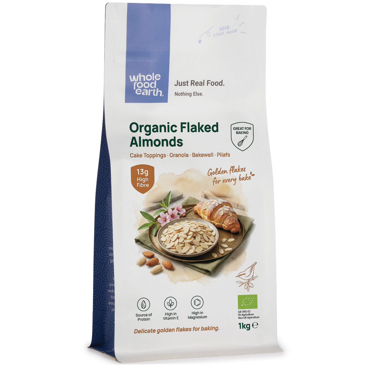 Organic flaked almonds from Whole Food Earth, close-up of toasted, sliced almonds in a clear bowl for nuts and seeds.