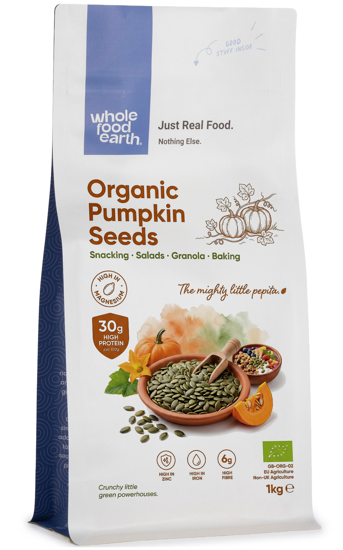 Organic pumpkin seeds from Whole Food Earth, GWS AA Austria, shown in a natural close-up view of the nut and seed package.