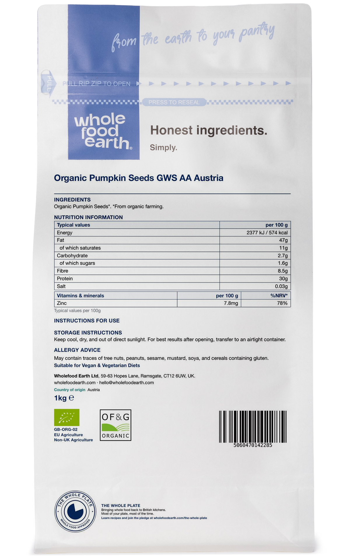 Back view of Whole Food Earth Organic Pumpkin Seeds GWS AA Austria, whole nuts and seeds in a clear container.