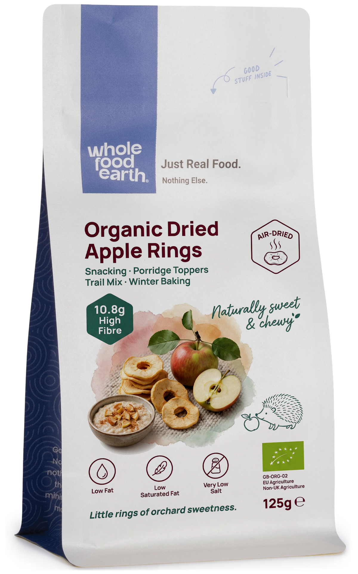 Organic dried apple rings from Whole Food Earth, showing golden, sliced dried fruits on a white background.