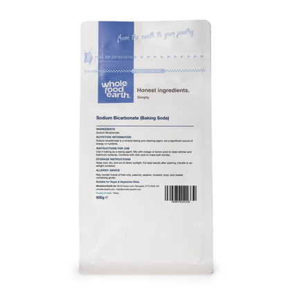 Whole Food Earth Sodium Bicarbonate baking soda in a white mineral salt bag, showing the back label with product details.