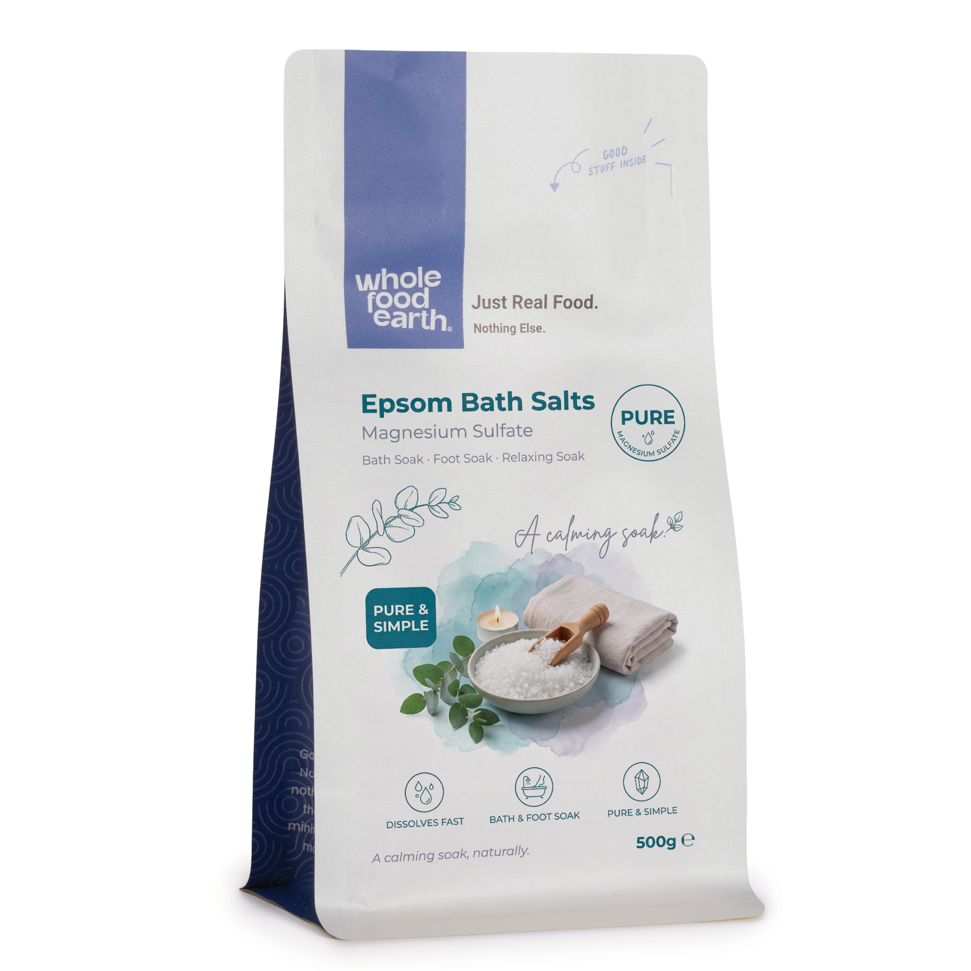 Epsom bath salts from Whole Food Earth, mineral and salt blend for relaxation, shown in a clear glass jar with a scoop.