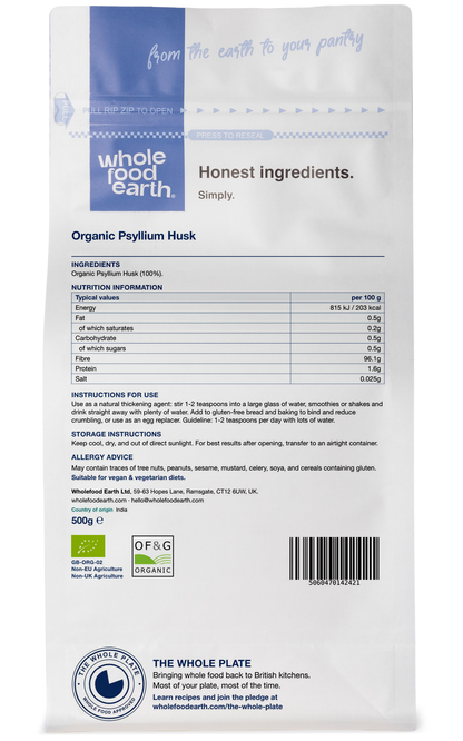 Organic Psyllium Husk from Whole Food Earth, specialty dietary supplement, showing the back packaging with product details.